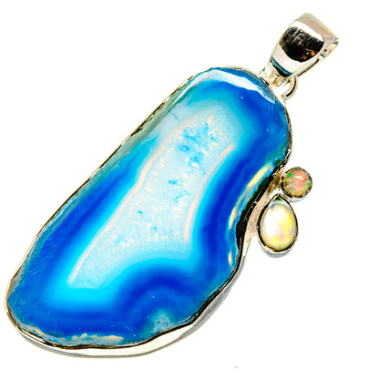 Blue geode slice opal pendant with silver bail and small multicolor stone accents