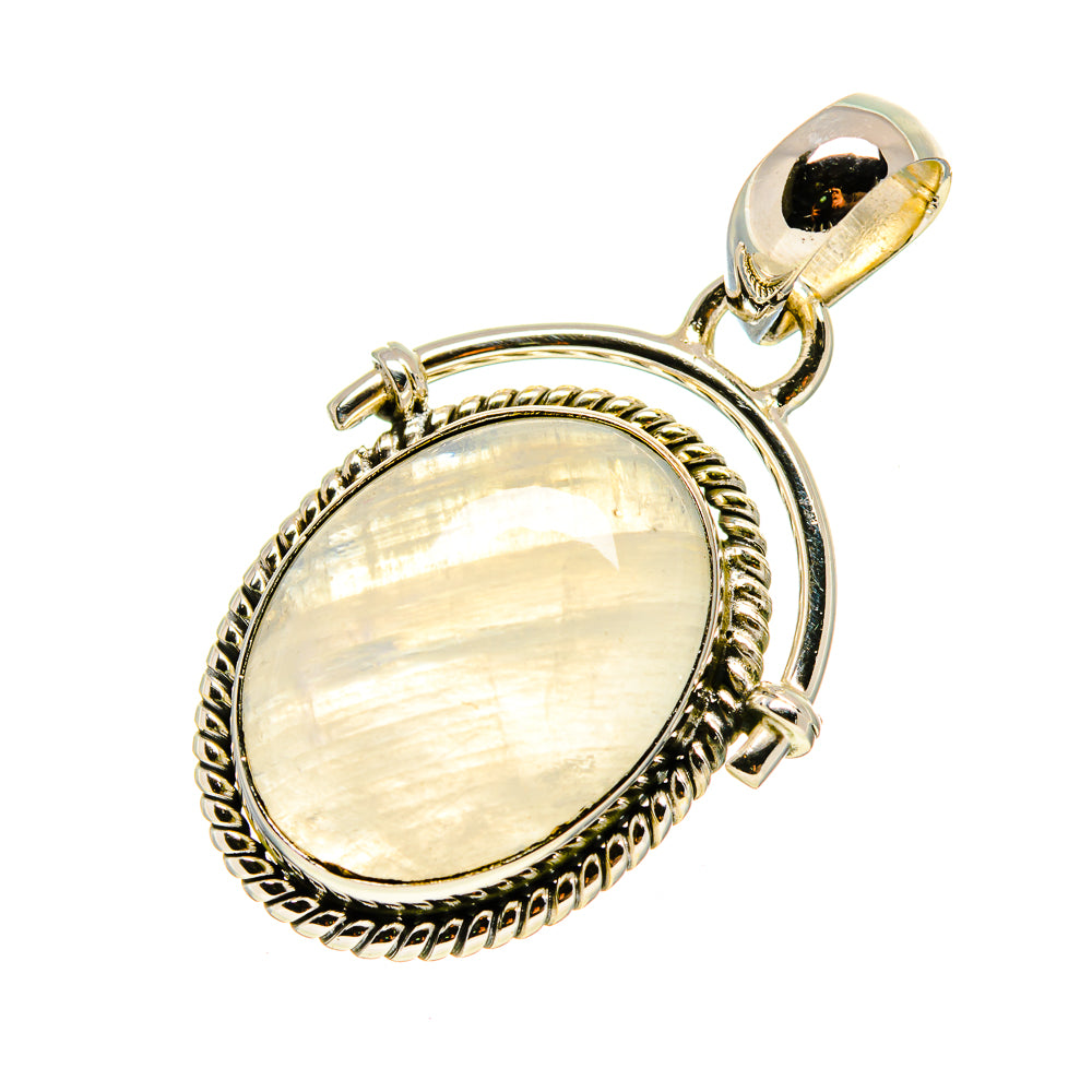 Oval iridescent moonstone pendant in sterling silver with ornate rope bezel and bail