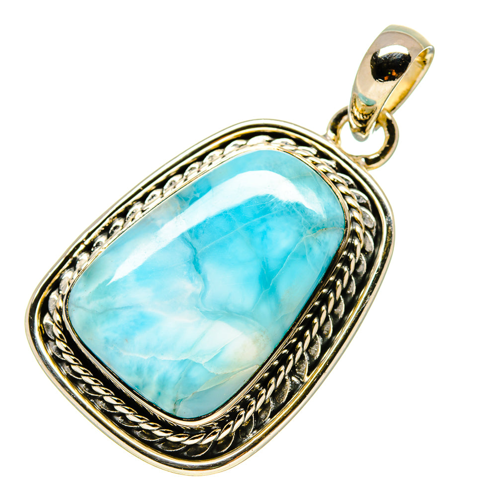 Sterling silver Larimar pendant with rectangular bezel, rope trim, and loop bail