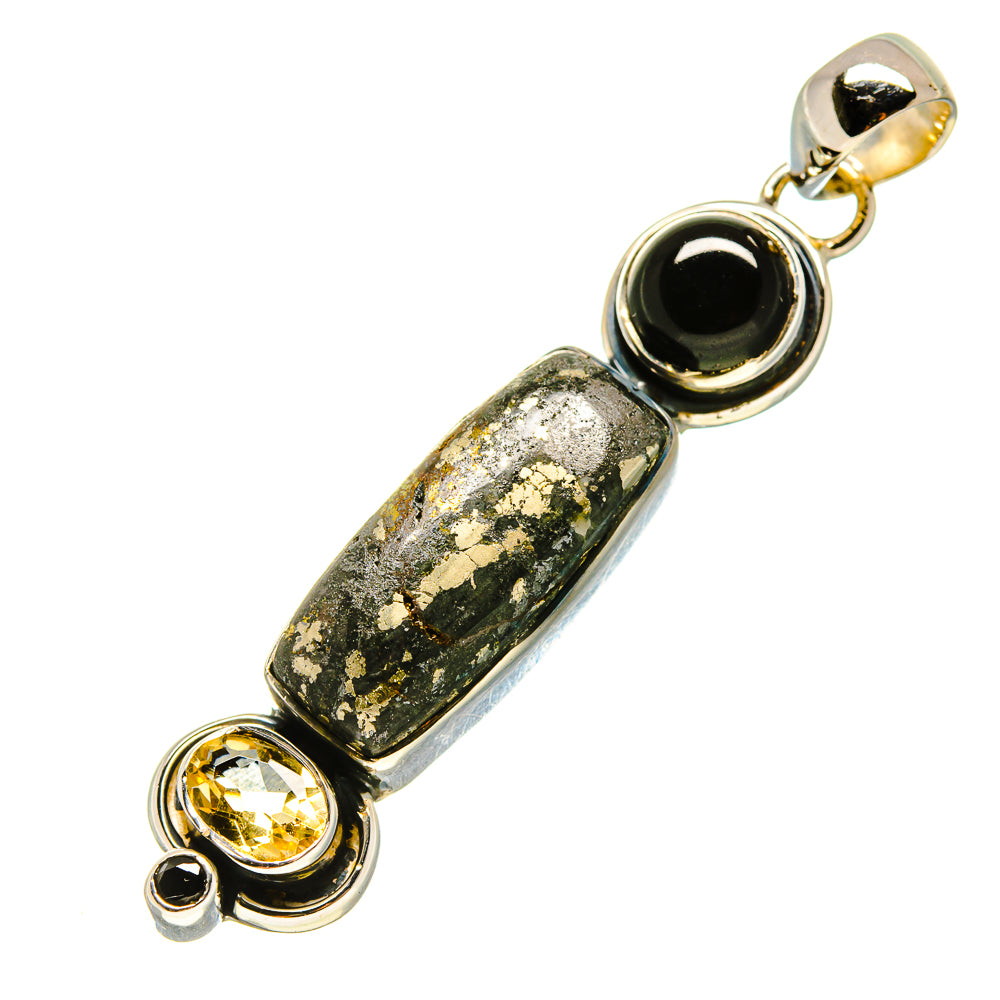 Sterling silver pendant with speckled green-gray stone, black oval, and yellow round gems