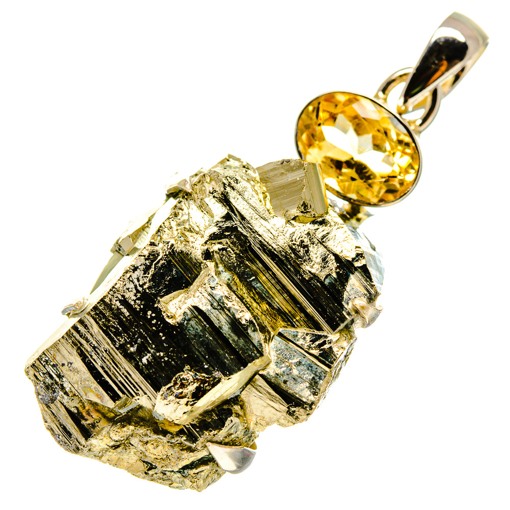 Pyrite crystal pendant with round citrine gemstone and silver bail, angled view
