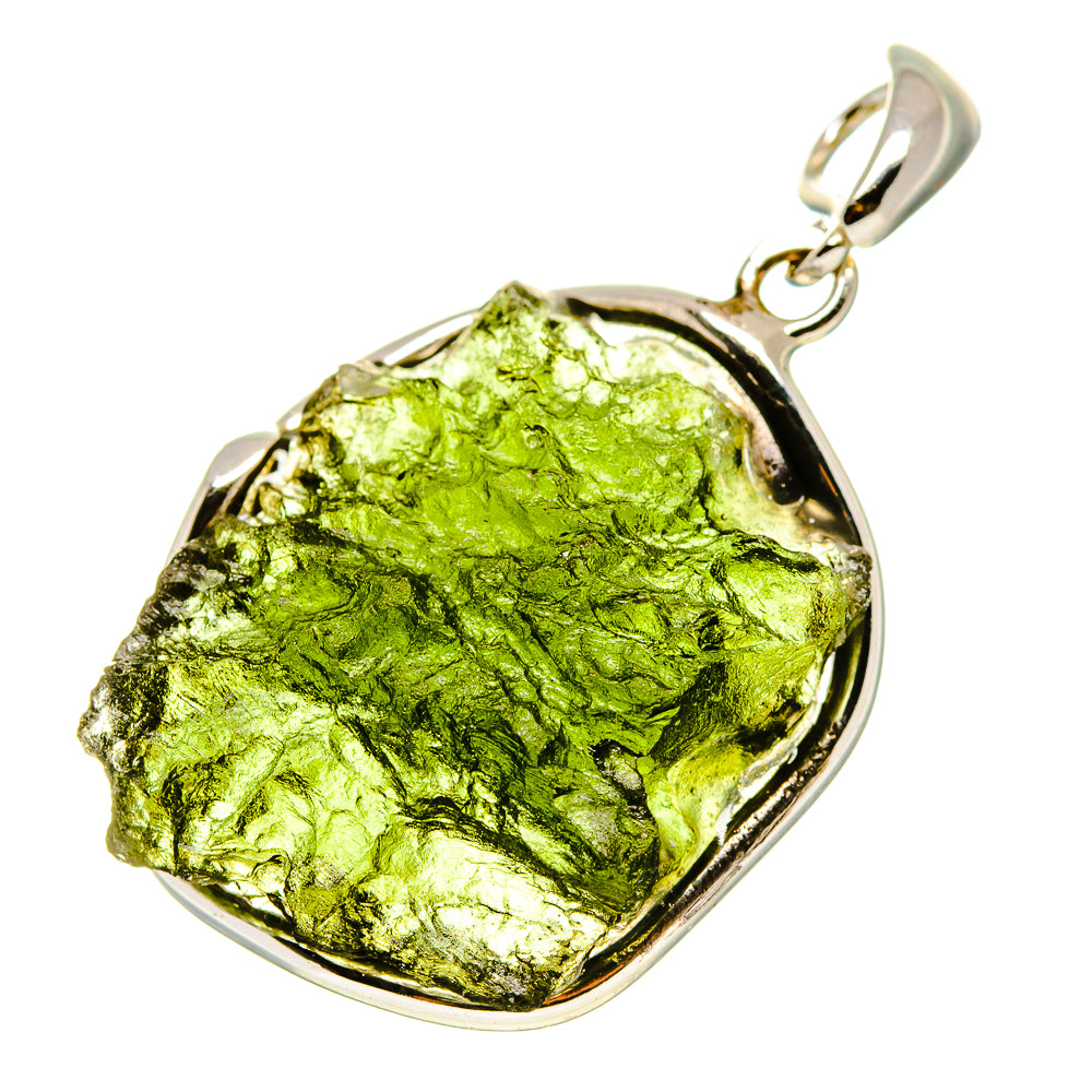 Sterling silver Czech Moldavite pendant with vivid green natural stone slice bail loop