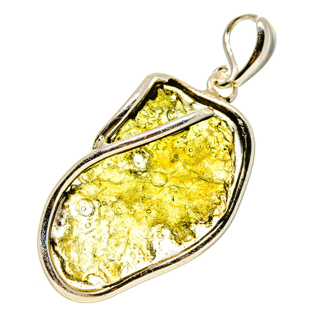 Sterling silver Moldavite pendant with gold-green teardrop stone in oval bezel