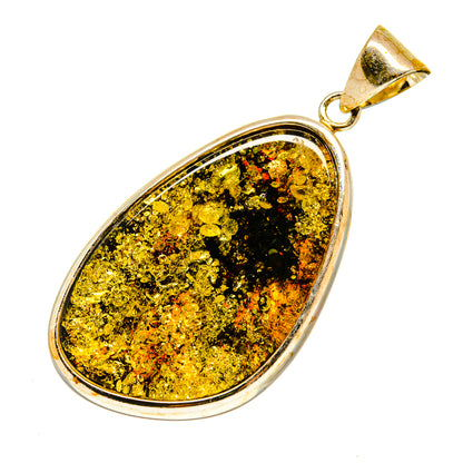 Baltic amber pendant with teardrop 925 sterling silver bezel and gold-toned stone