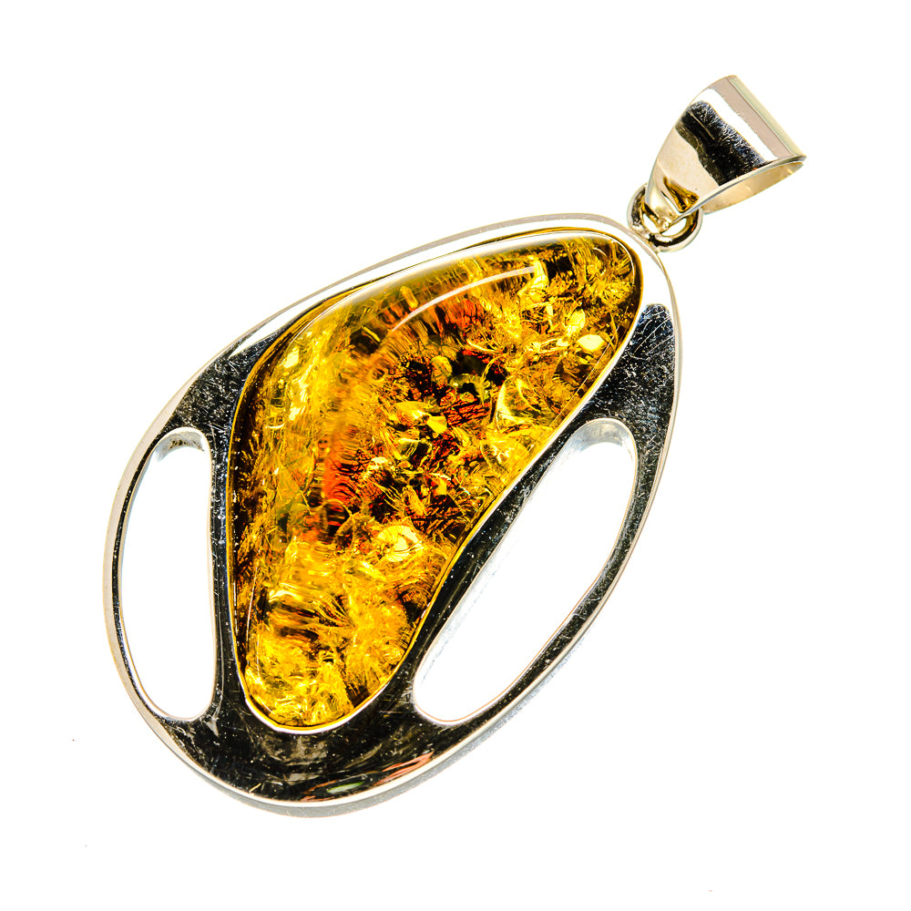Amber teardrop pendant with oval 925 sterling silver setting and gold-tone bail