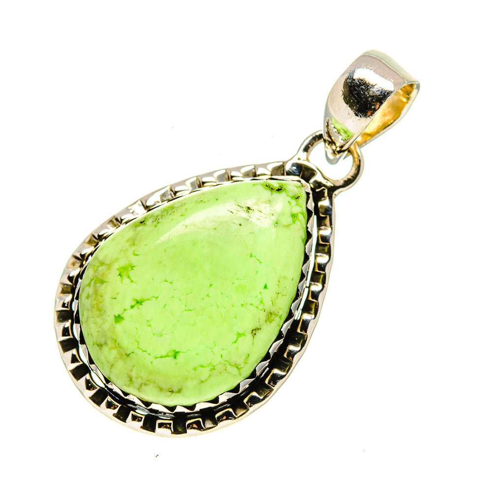 Teardrop lemon-green chrysoprase pendant in 925 sterling silver with ornate border