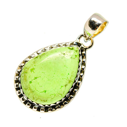 Teardrop lemon-green chrysoprase pendant in 925 sterling silver with ornate border