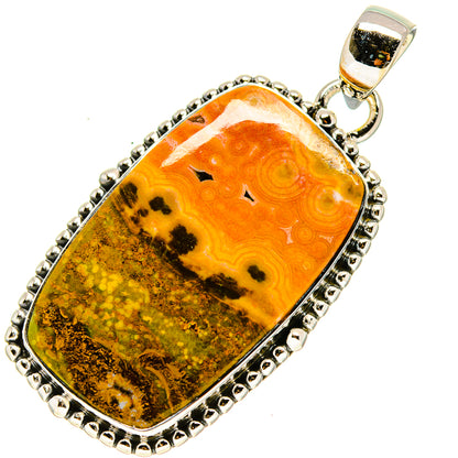 Jasper stone pendant with rectangular orange-yellow pattern in silver bezel and bail