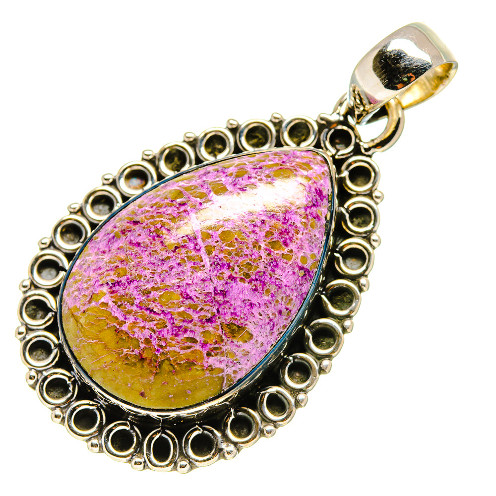 Sterling silver pendant with teardrop stichtite cabochon, purple and golden tones