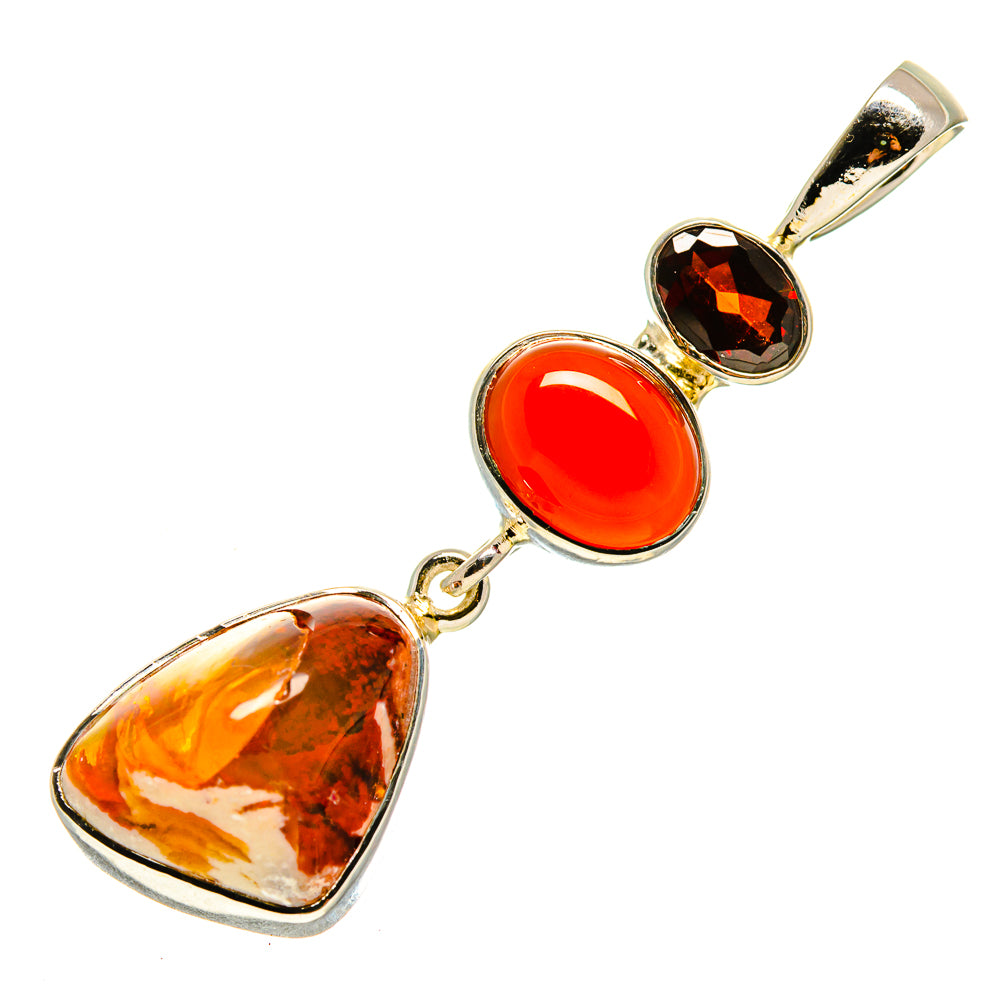 Sterling silver gemstone pendant with orange and red cabochons, teardrop settings