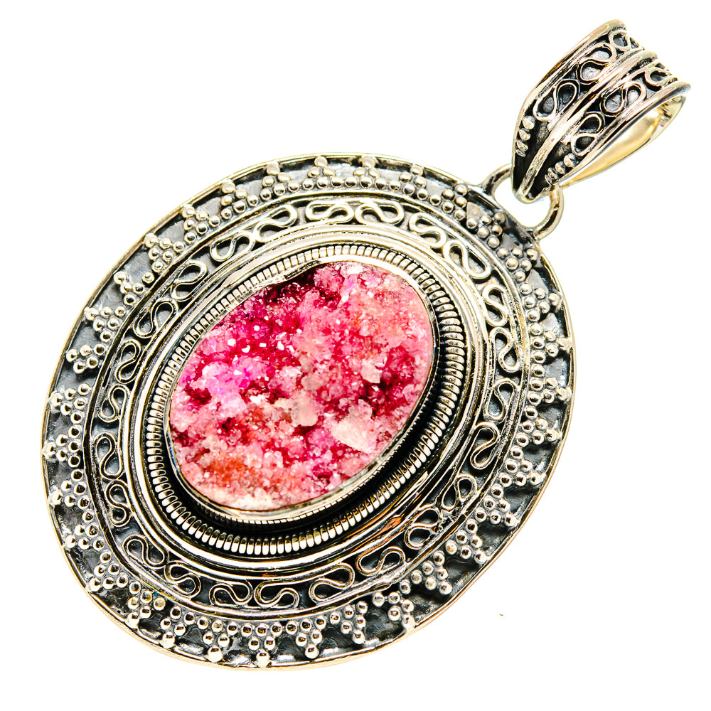 Sterling silver druzy pendant with oval pink crystal cabochon and top bail