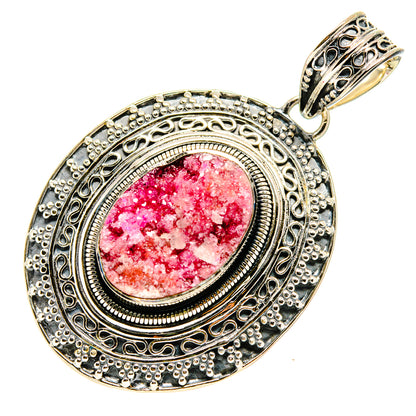 Sterling silver druzy pendant with oval pink crystal cabochon and top bail
