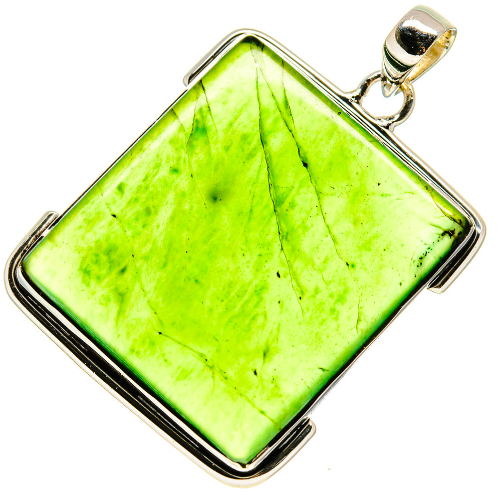 Nephrite jade pendant with square bright green cabochon in 925 sterling silver frame