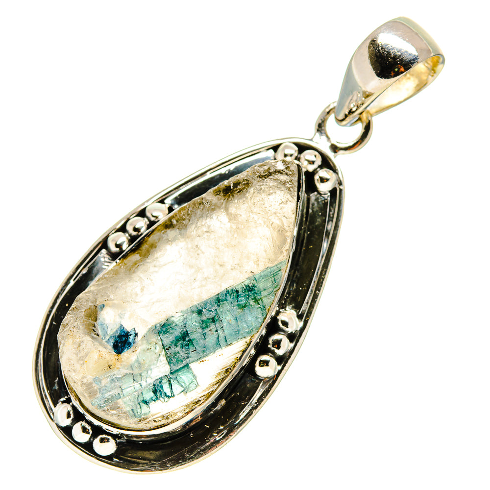 Green quartz crystal teardrop pendant with ornate sterling silver bezel and bail