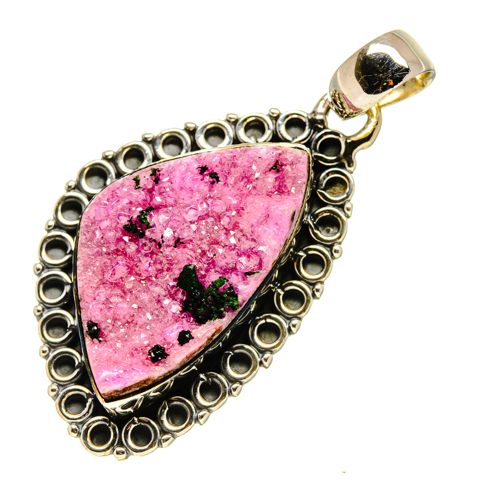 Teardrop pink druzy calcite pendant with metal beaded frame and top bail