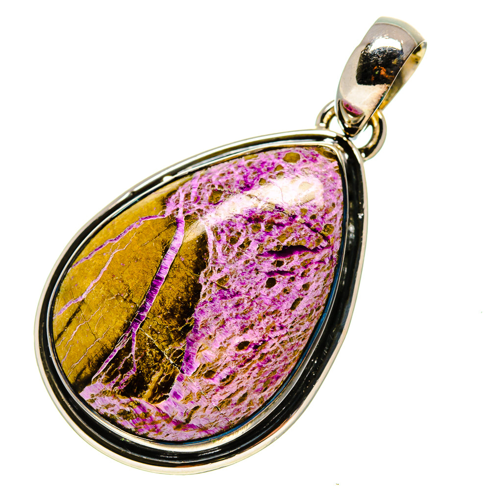 Teardrop stichtite pendant, purple-white and gold stone in sterling silver bezel.