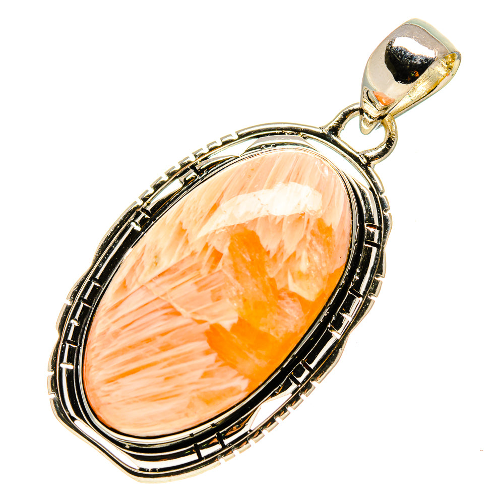 Sterling silver scolecite pendant with orange peach oval stone and hinged bail