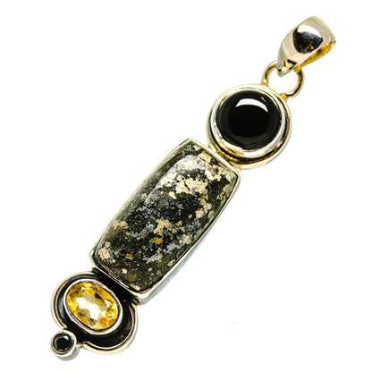 Sterling silver pendant with rectangular speckled pyrite agate, black oval, and yellow citrine