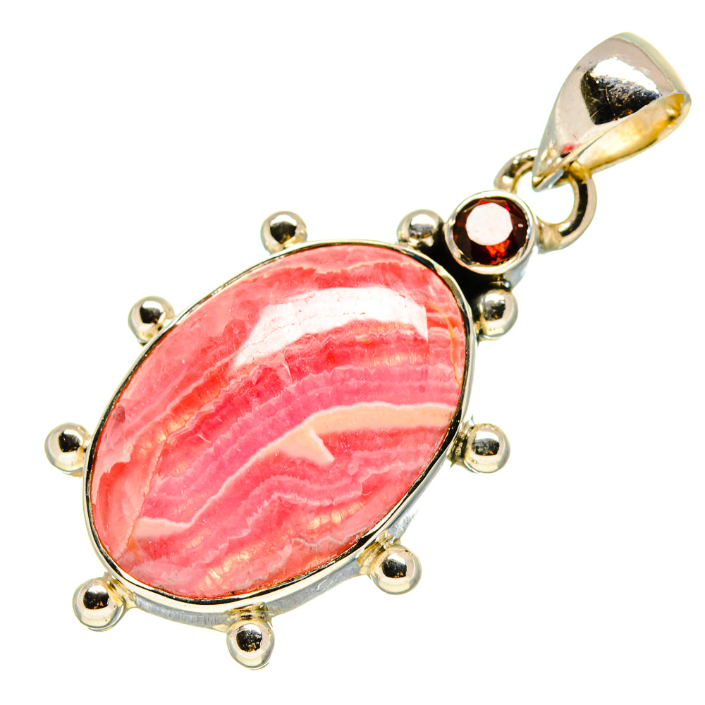 Pink striped rhodochrosite oval pendant with 925 sterling silver bezel, bead prongs, bail