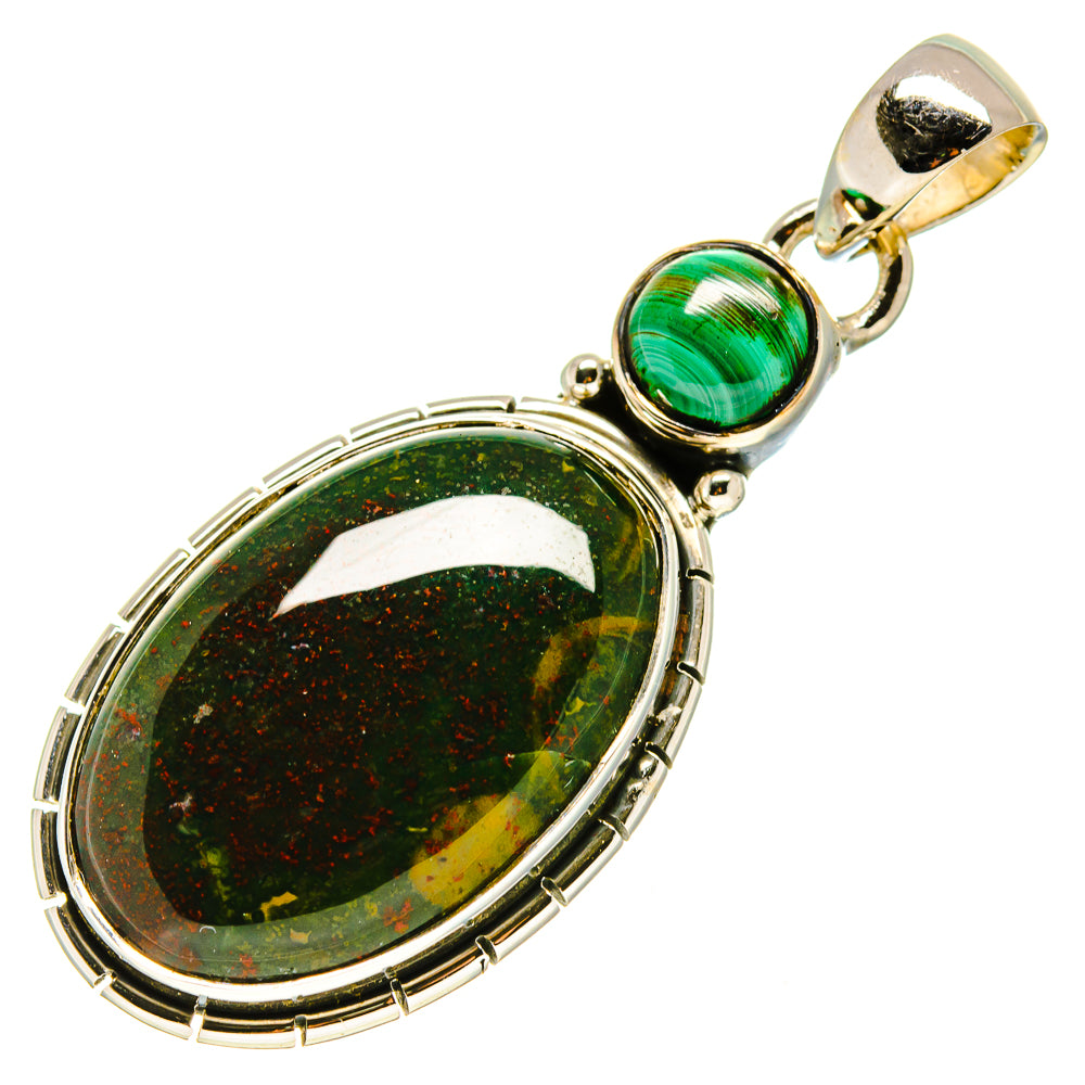Oval malachite pendant with round malachite accent in 925 sterling silver setting