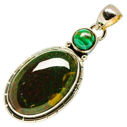 Oval malachite pendant with round malachite accent in 925 sterling silver setting
