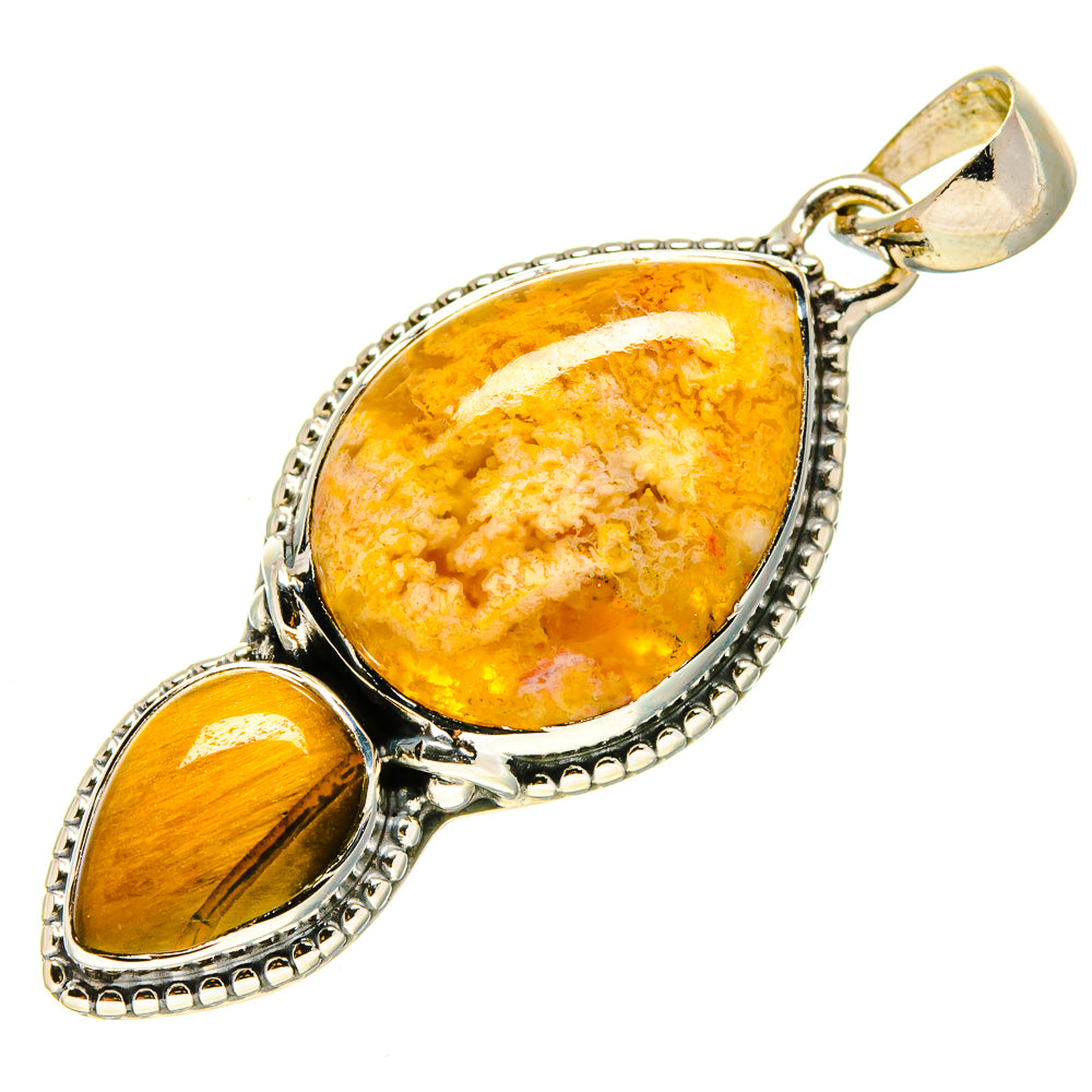 Tiger eye agate pendant, large teardrop center stone and small side stone, silver frame
