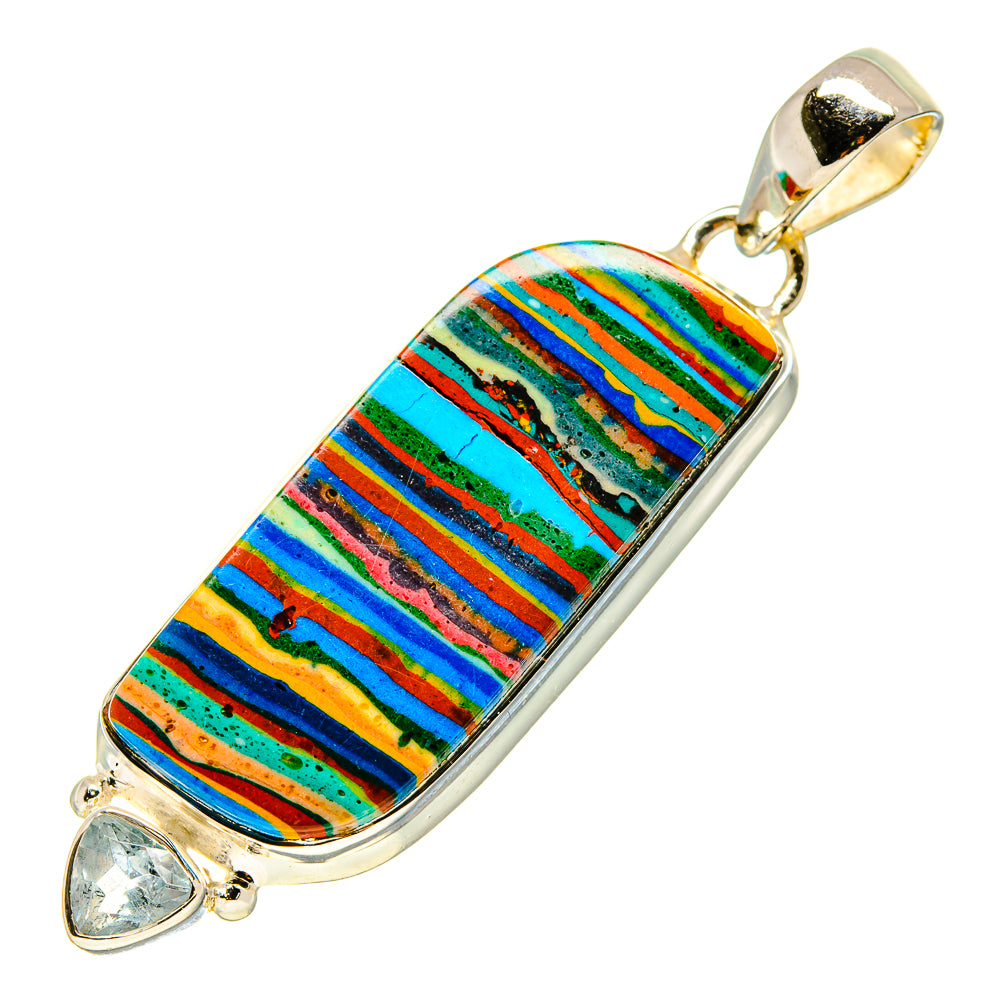 Striped rainbow calsilica pendant with blue topaz endstones, sterling silver bail