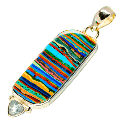Striped rainbow calsilica pendant with blue topaz endstones, sterling silver bail
