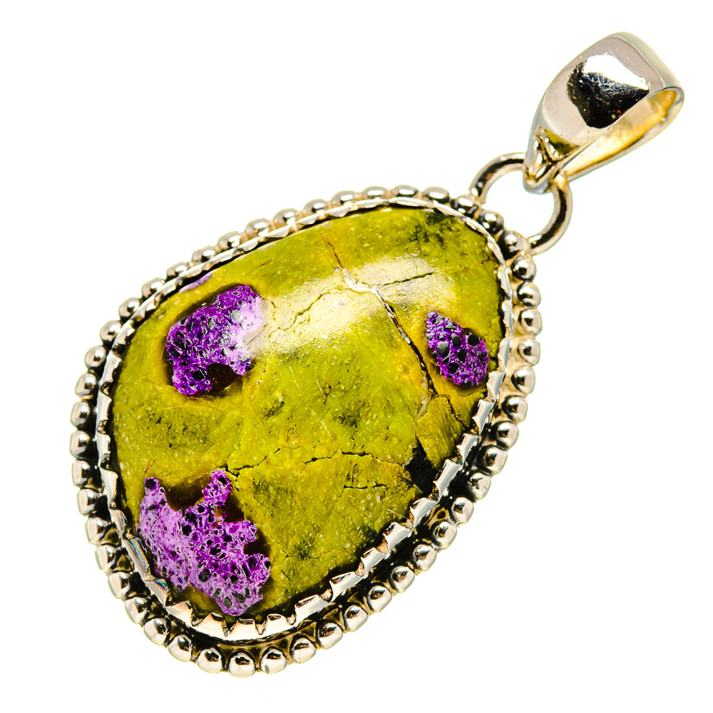 Oval green gemstone pendant in 925 sterling silver with purple speckles and bail