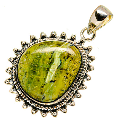 African green opal pendant with oval green stone cabochon, scalloped silver frame, bail