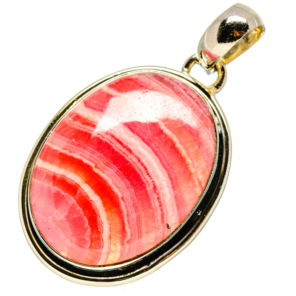 Rhodochrosite teardrop pendant in 925 sterling silver bezel, red stone with white stripes