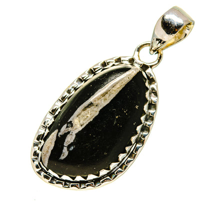Sterling silver oval stone pendant with textured bezel and reflective black stone