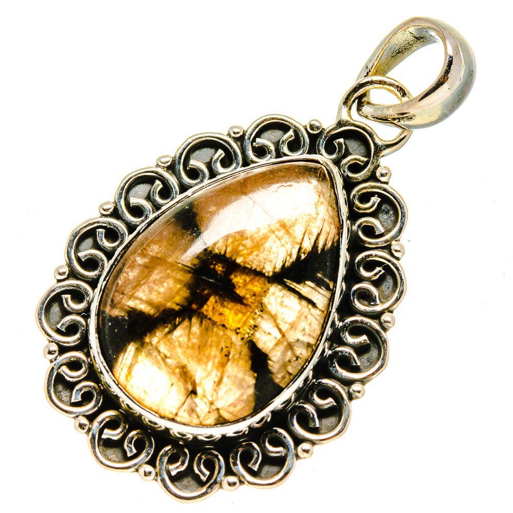 Sterling silver oval pendant with ornate frame and golden black stone drop