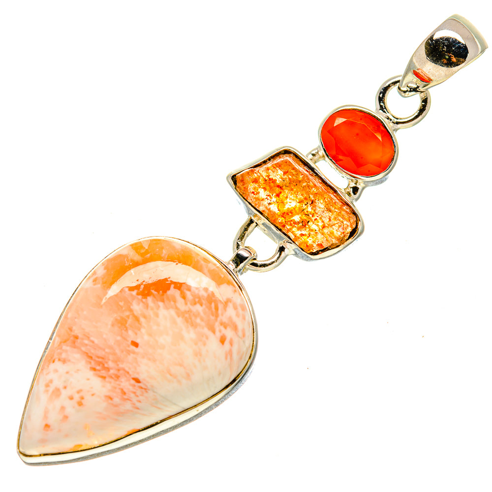 Sterling silver three-stone pendant with light teardrop, rectangular orange, round orange top