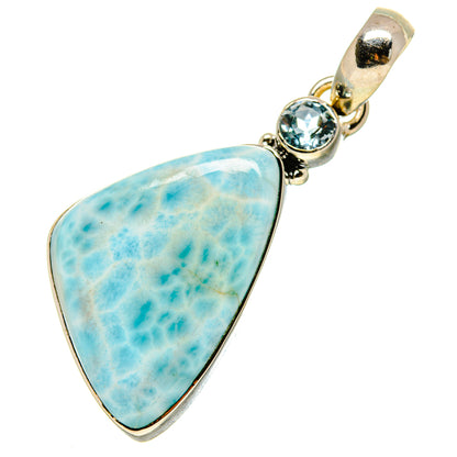 Larimar teardrop pendant with blue topaz round stone, sterling silver bail and link