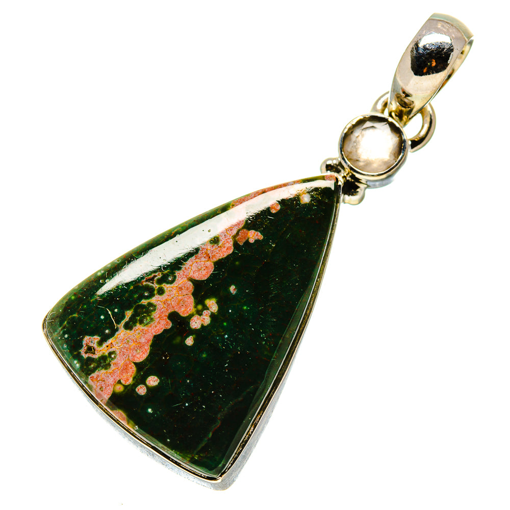 Triangular ocean jasper pendant with green stone, pink speckles, silver bail and rings