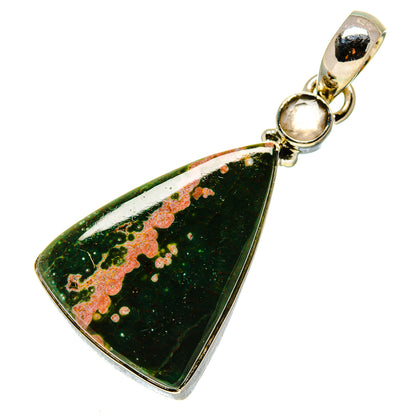 Triangular ocean jasper pendant with green stone, pink speckles, silver bail and rings