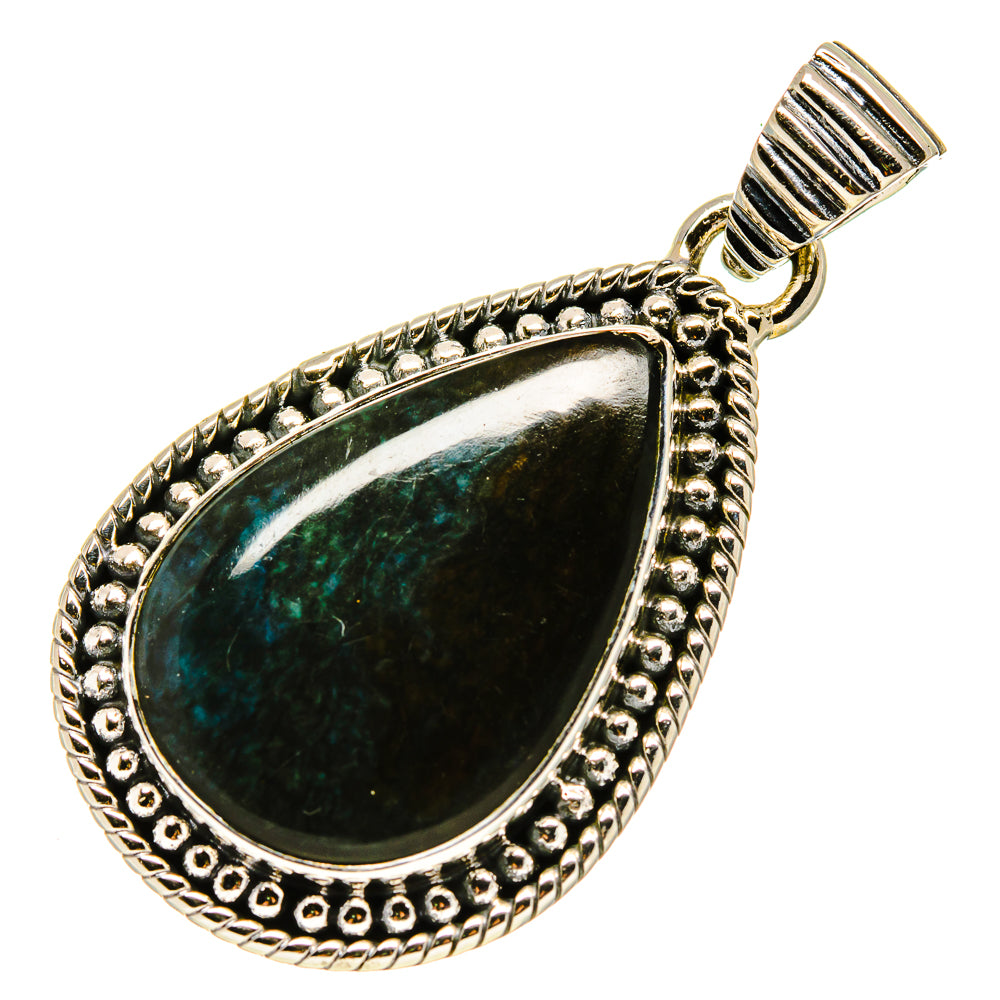 Chrysocolla teardrop pendant in 925 sterling silver with green stone cabochon