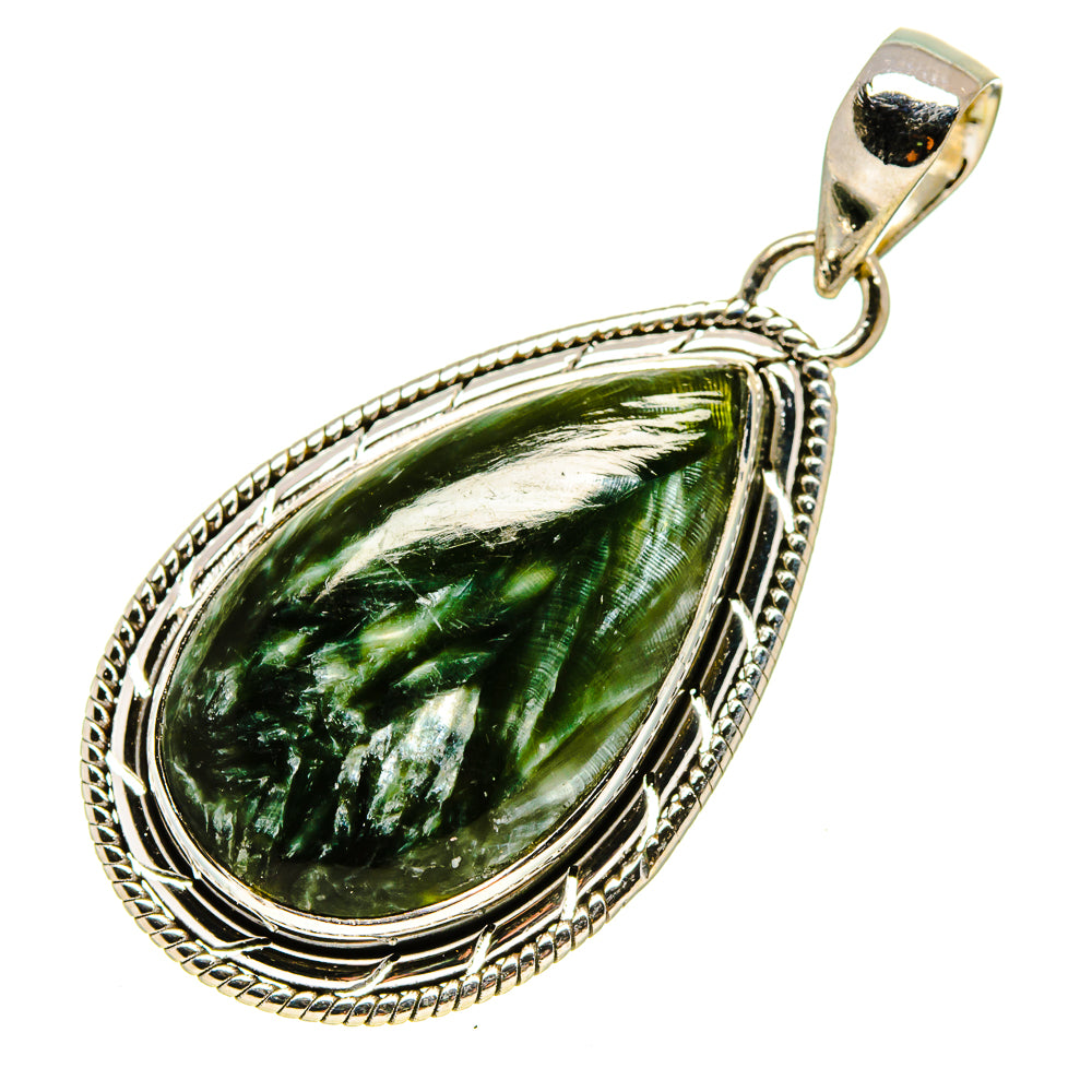 Silver teardrop pendant with green seraphinite stone and textured setting, bail loop