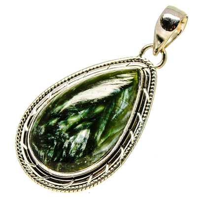 Silver teardrop pendant with green seraphinite stone and textured setting, bail loop