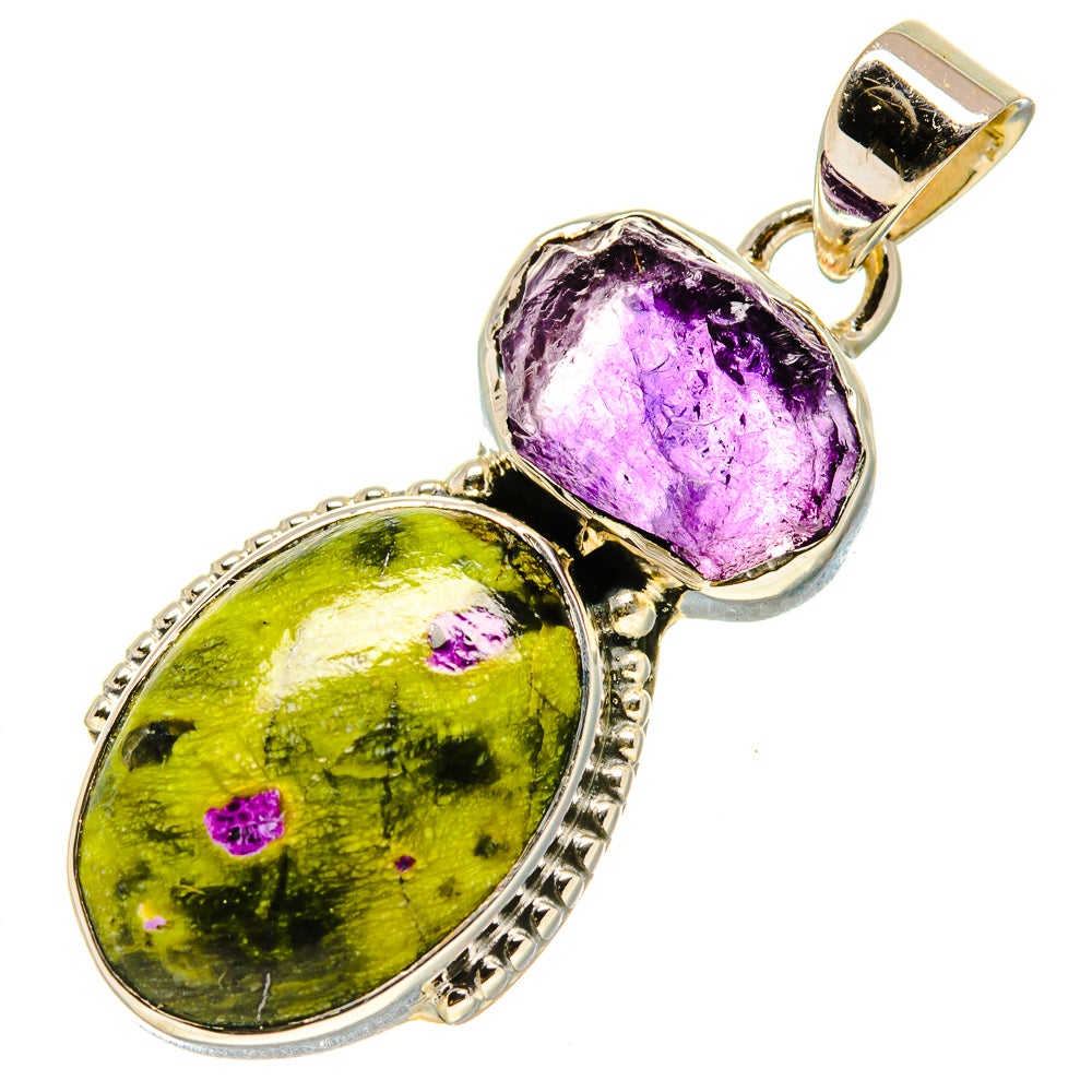 Sterling silver two-stone pendant with oval purple amethyst and green Atlantisite cabochons