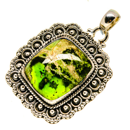 Ornate sterling silver pendant with square green opal cabochon in filigree frame