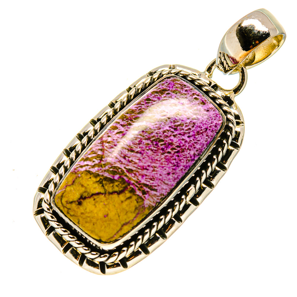 Rectangular sterling silver pendant with purple/yellow stone, framed by rope edge setting