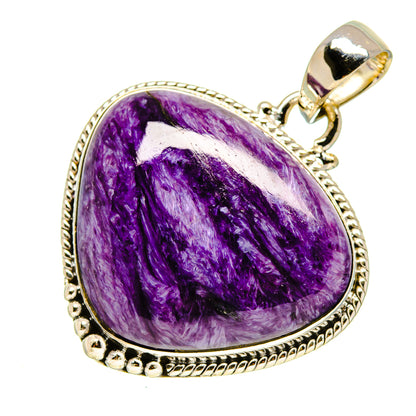 Heart-shaped charoite pendant with purple marbled stone cabochon in silver frame, bail