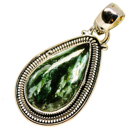 Sterling silver seraphinite pear-shaped pendant with dotted rim and bail loop