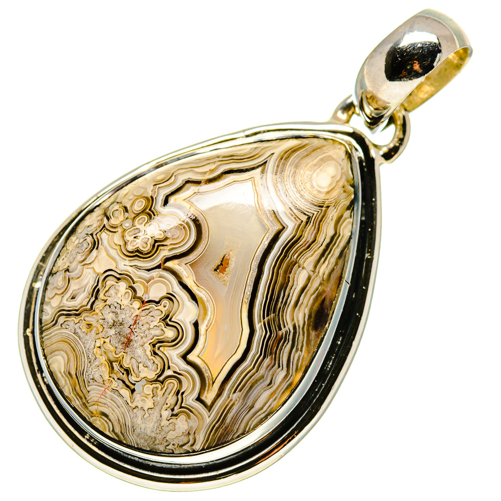 Sterling silver pendant with teardrop lace agate stone, swirling beige and brown bands.
