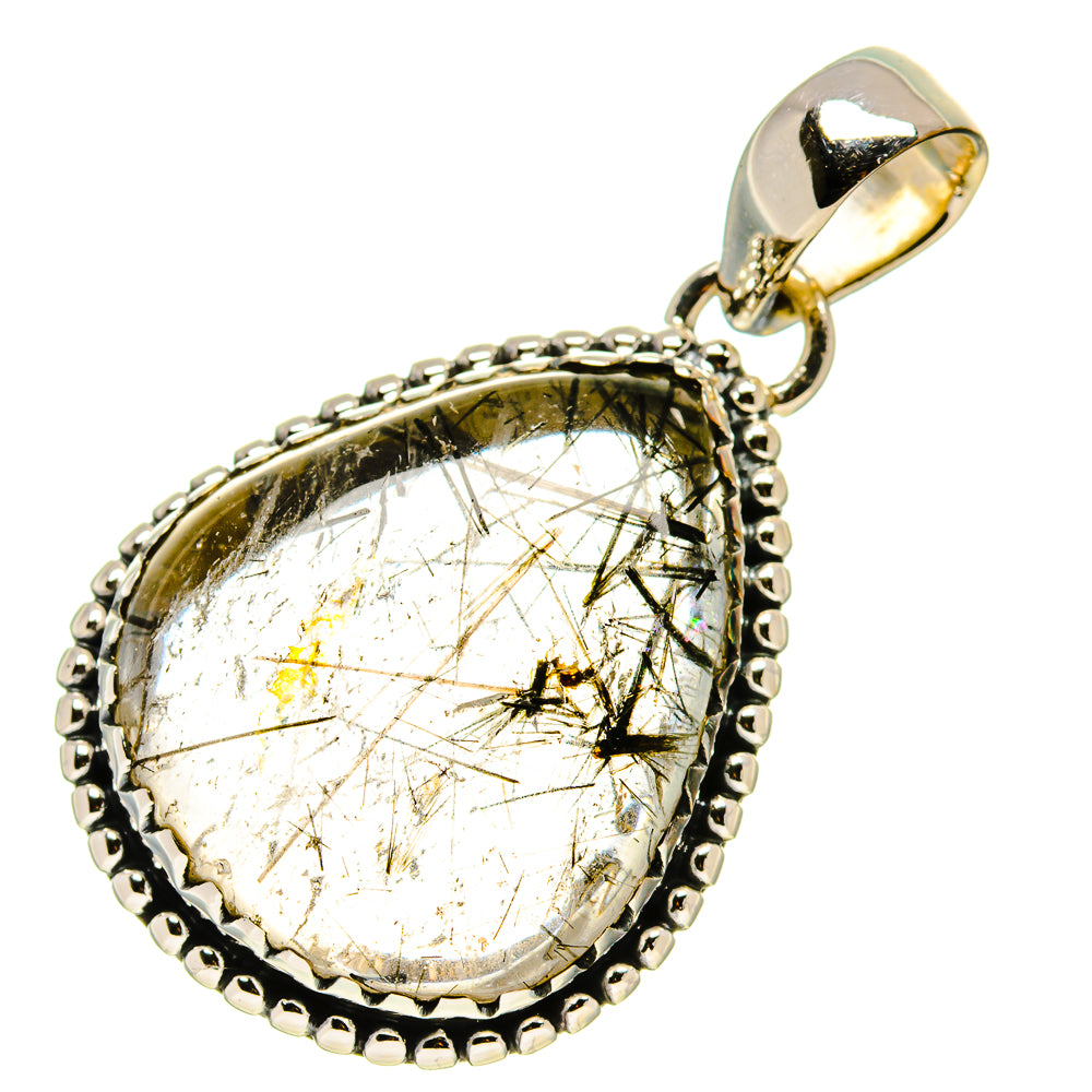 Tourmalinated quartz pendant charm in 925 sterling silver with round cabochon bail and bead edge