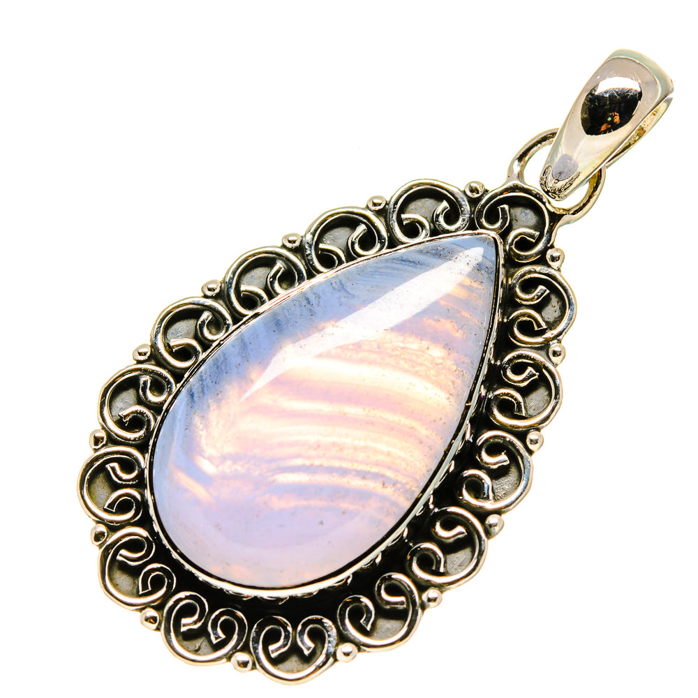 Teardrop blue lace agate pendant with ornate sterling silver frame and top bail