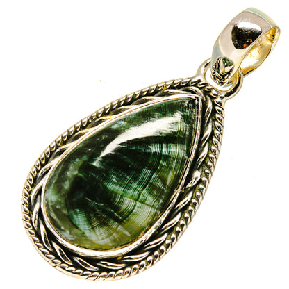 Teardrop seraphinite pendant in 925 sterling silver, green cabochon stone