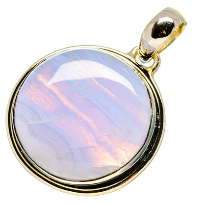 Round blue lace agate pendant with opalescent sheen, metal bail and silver-tone bezel.